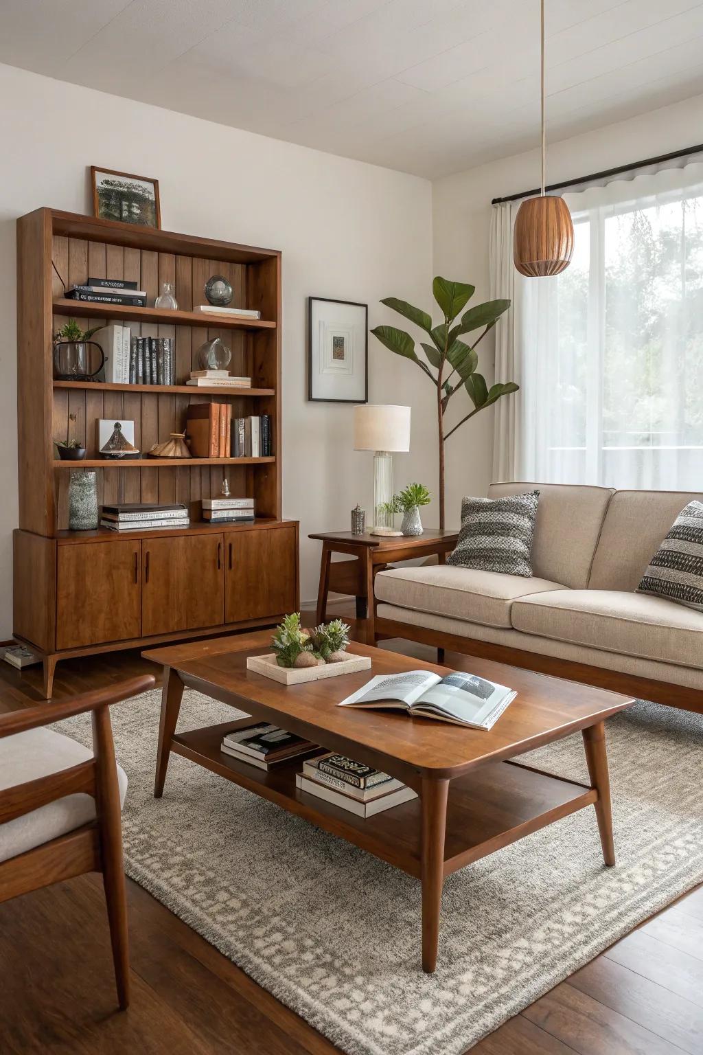 Wooden elements with clean lines add warmth to a mid-century modern living room.