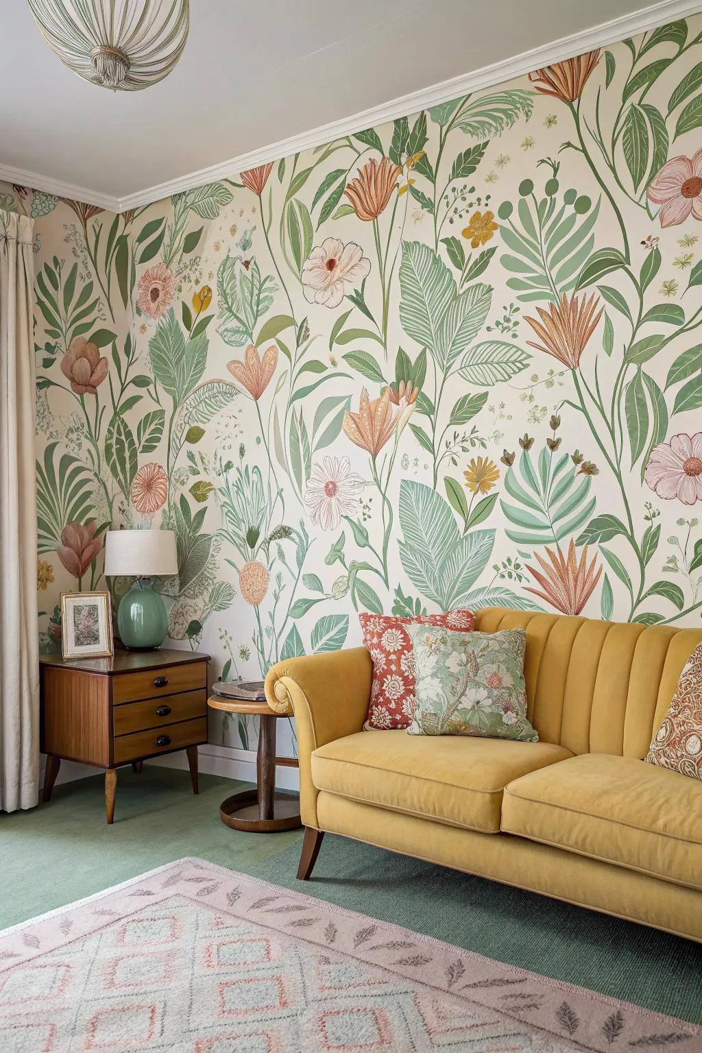 Mid-century room with floral and organic motif wallpaper.