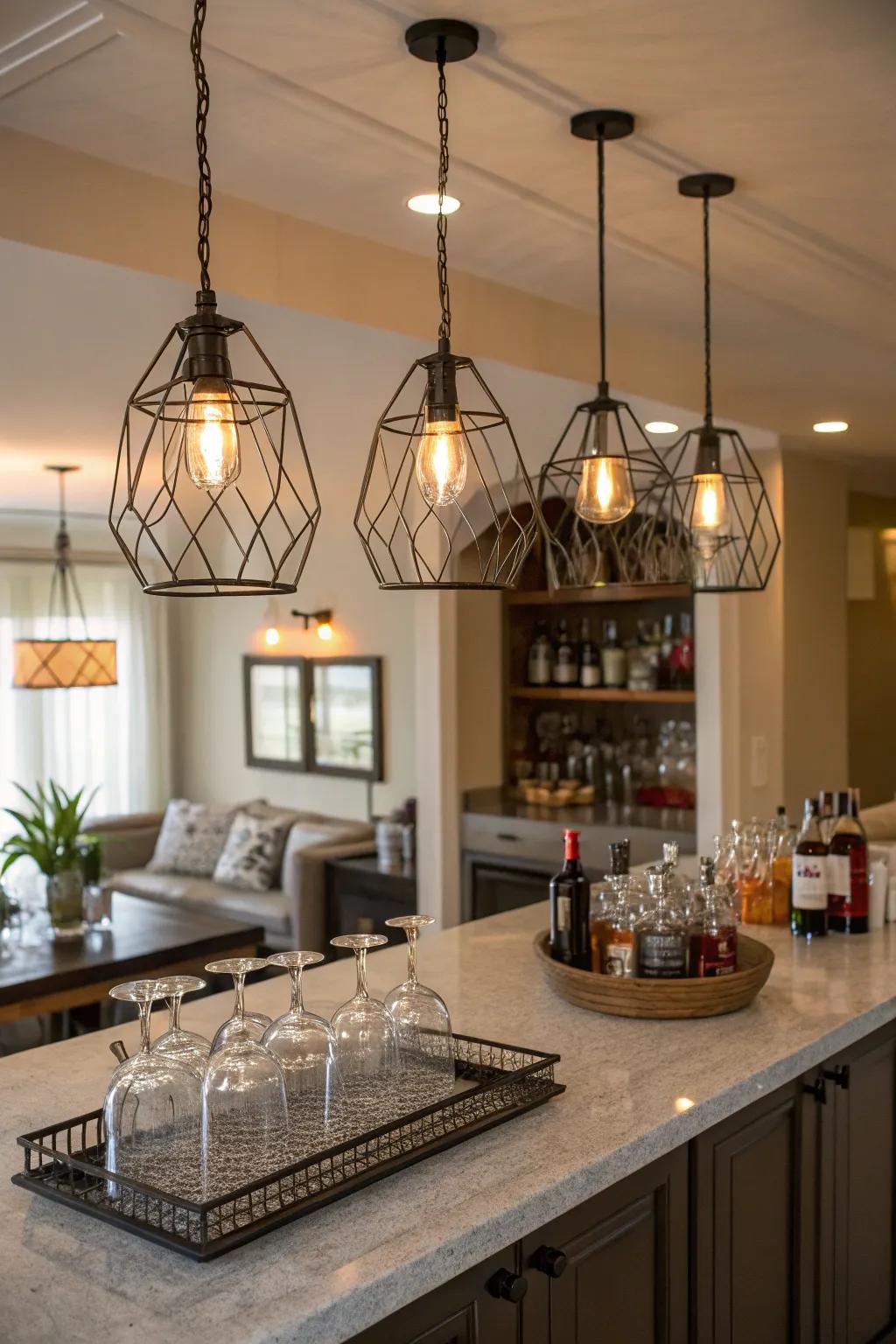 Elegant pendant lights enhance the mini bar's style.