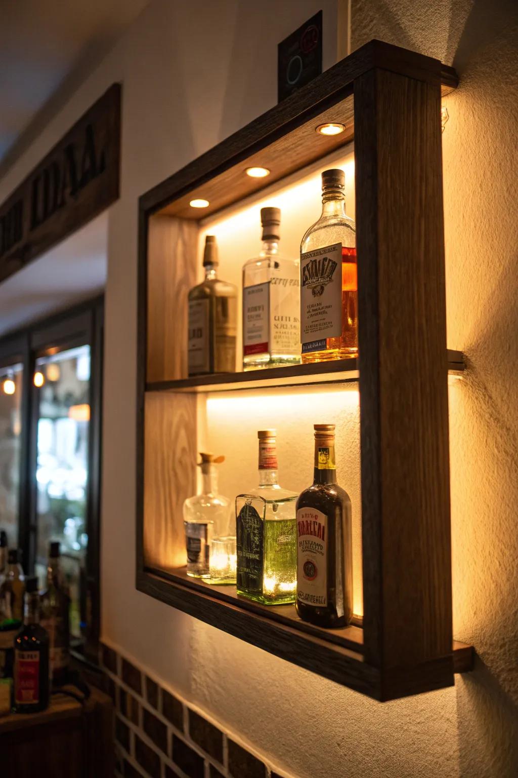 An illuminated display case providing a comforting showcase for miniature spirit bottles.