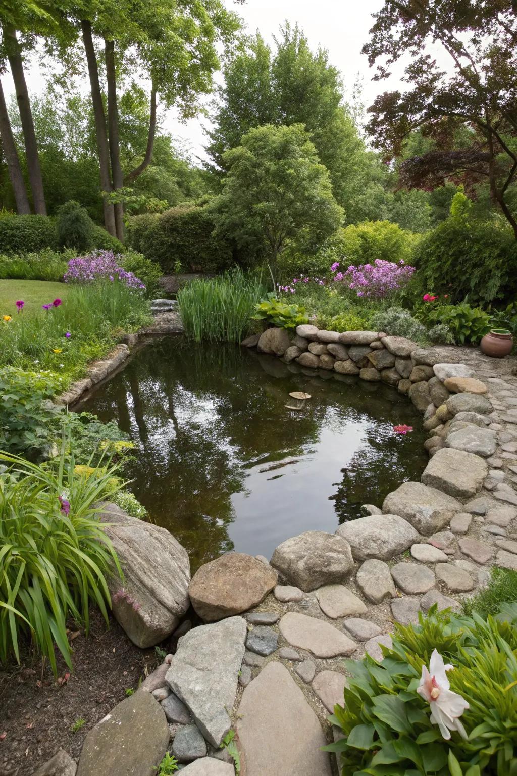 Natural stones bring a rustic, charming feel to any miniature pond.