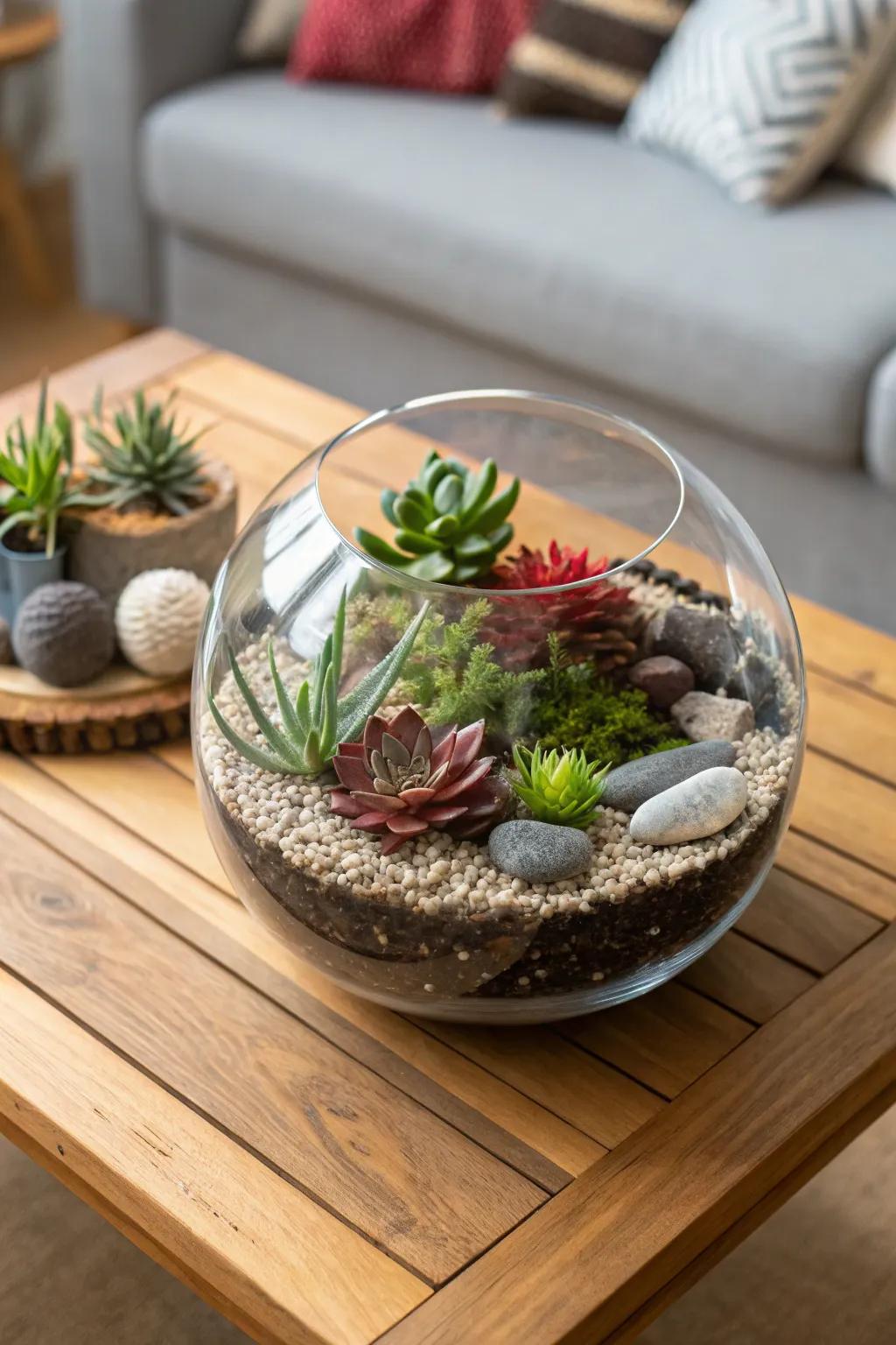 A peek into a miniature desert gem wonderland is provided by a clear glass garden.