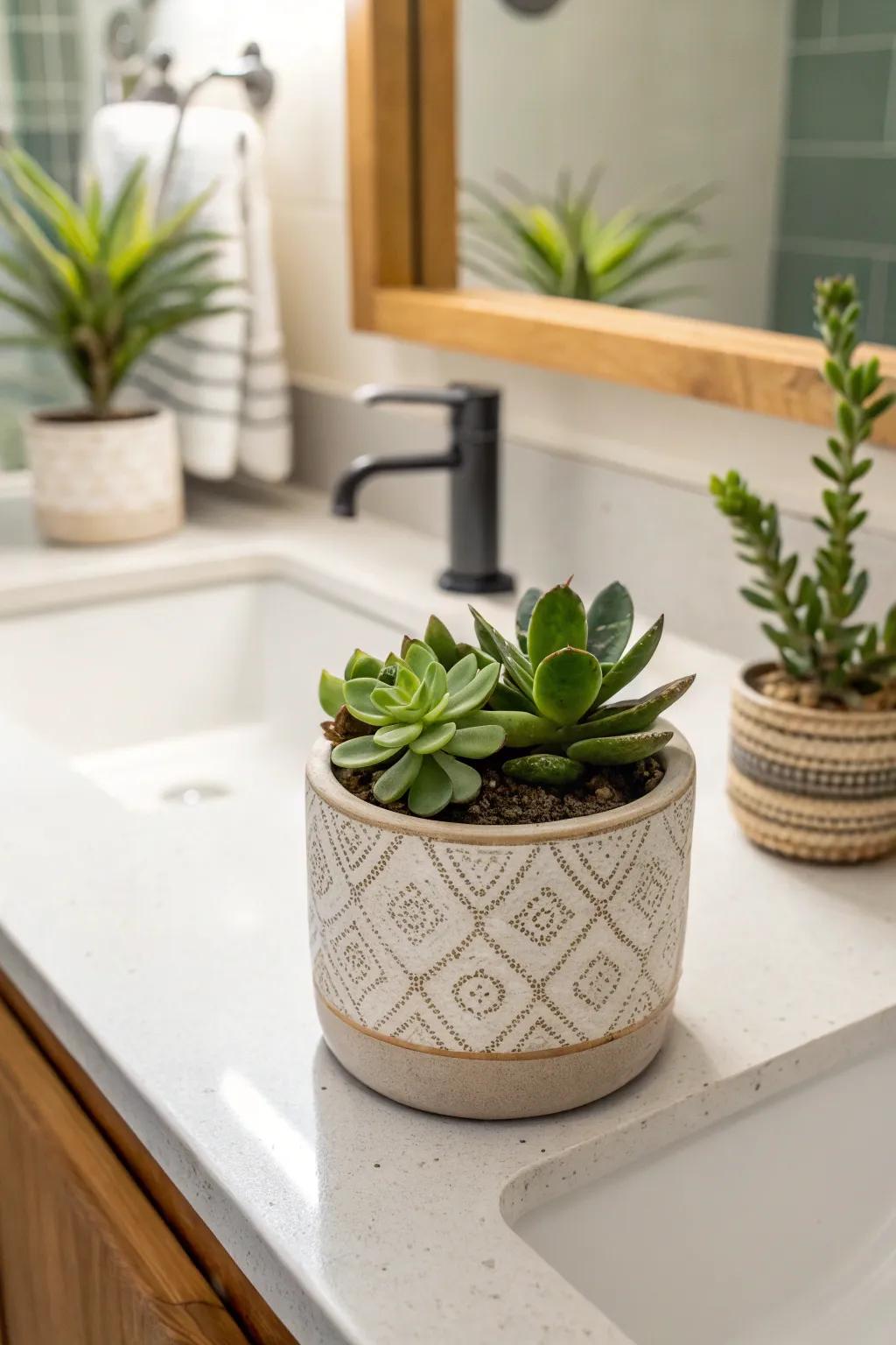 A straightforward succulent contributes a revitalizing touch of the outdoors to the bathroom décor.