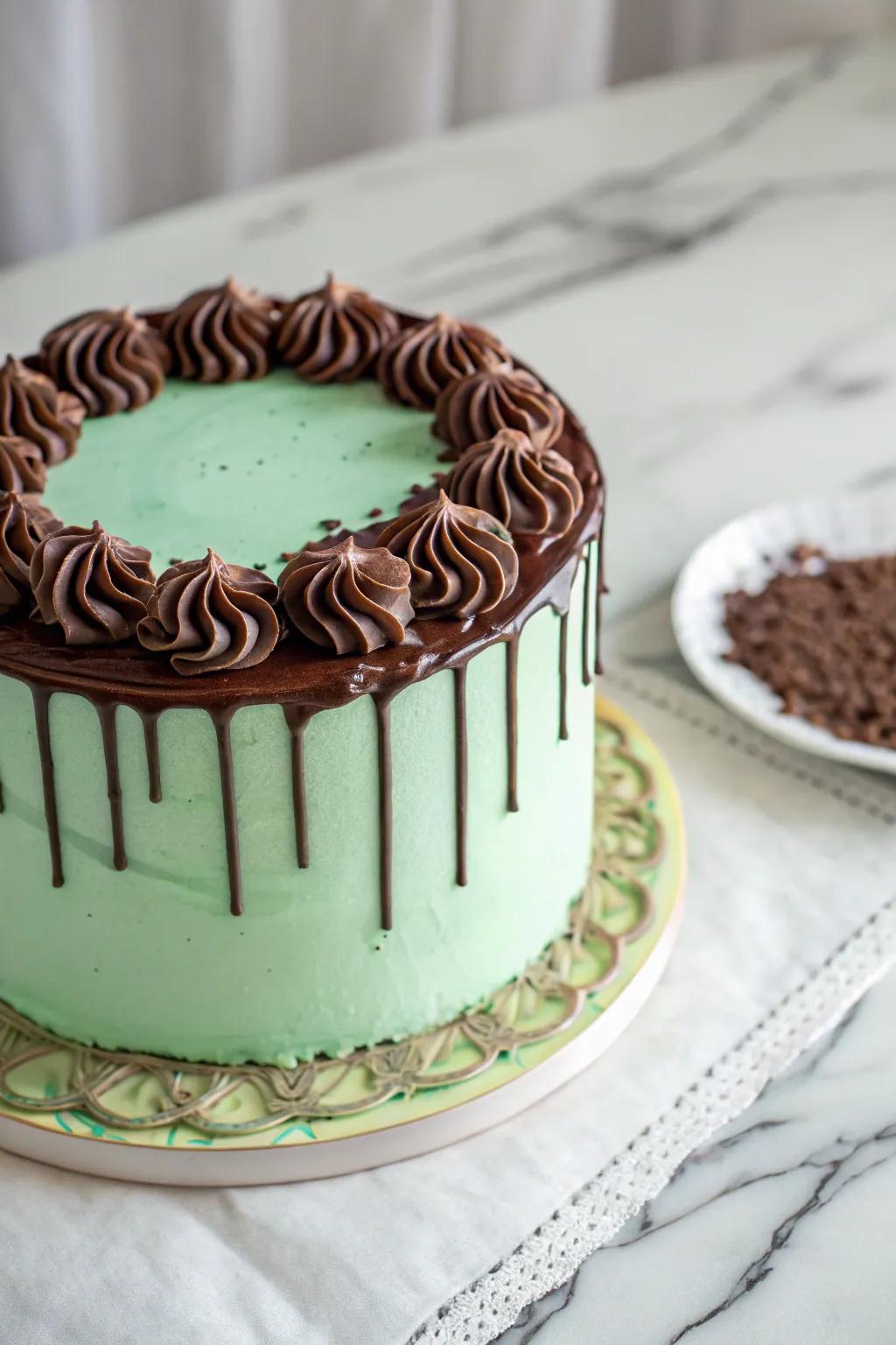 A turquoise cake highlighted with a fashionable chocolate drip design.