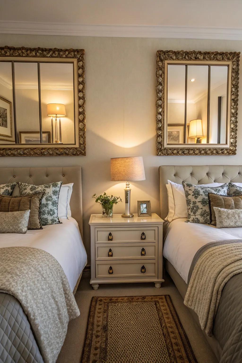 Symmetrical mirrors flanking the bed promote balance and harmony.