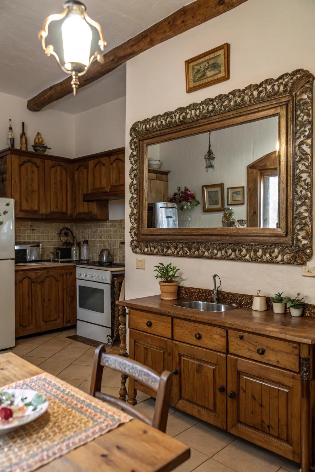 An antique framed mirror imparting sophistication and history to the kitchen.