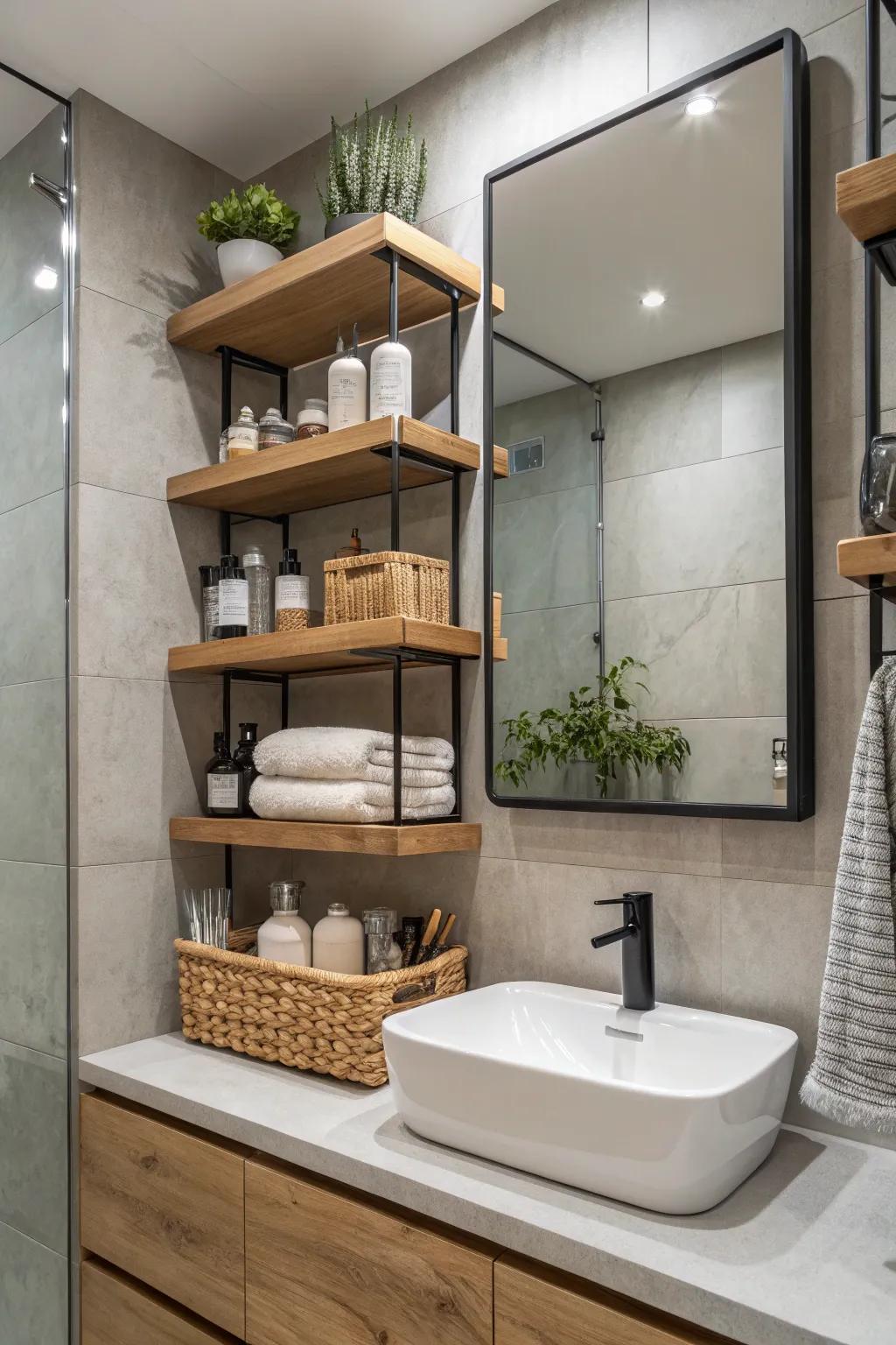 Streamlined wall-mounted shelves within a lavatory that introduce both style and usefulness.