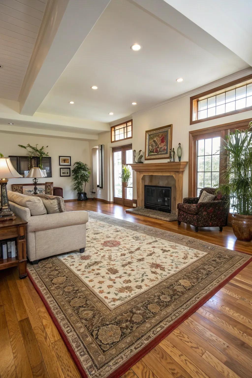 A plush rug defines a cozy seating area on hardwood floors.