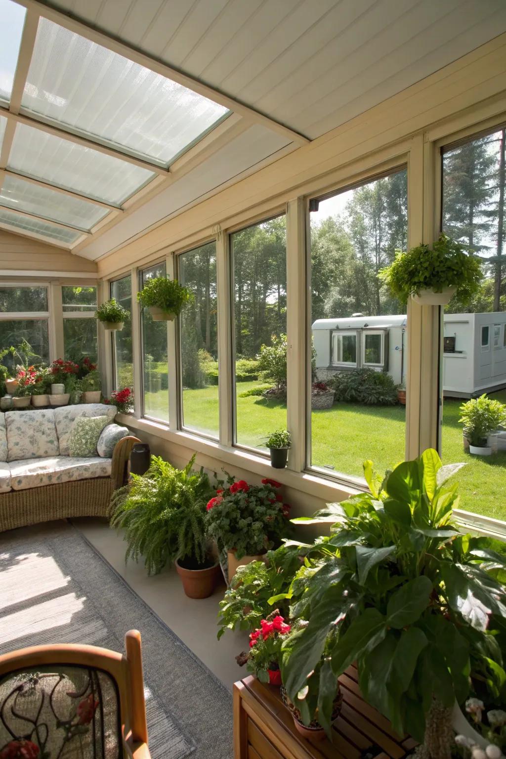 A sunroom brimming with sunlight and lush plants, providing a serene extension to the mobile home.
