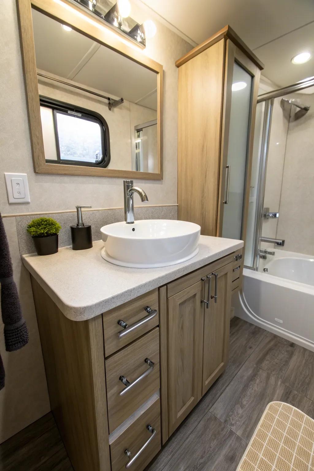 Modern fittings give a contemporary feel to this mobile home master bathroom.