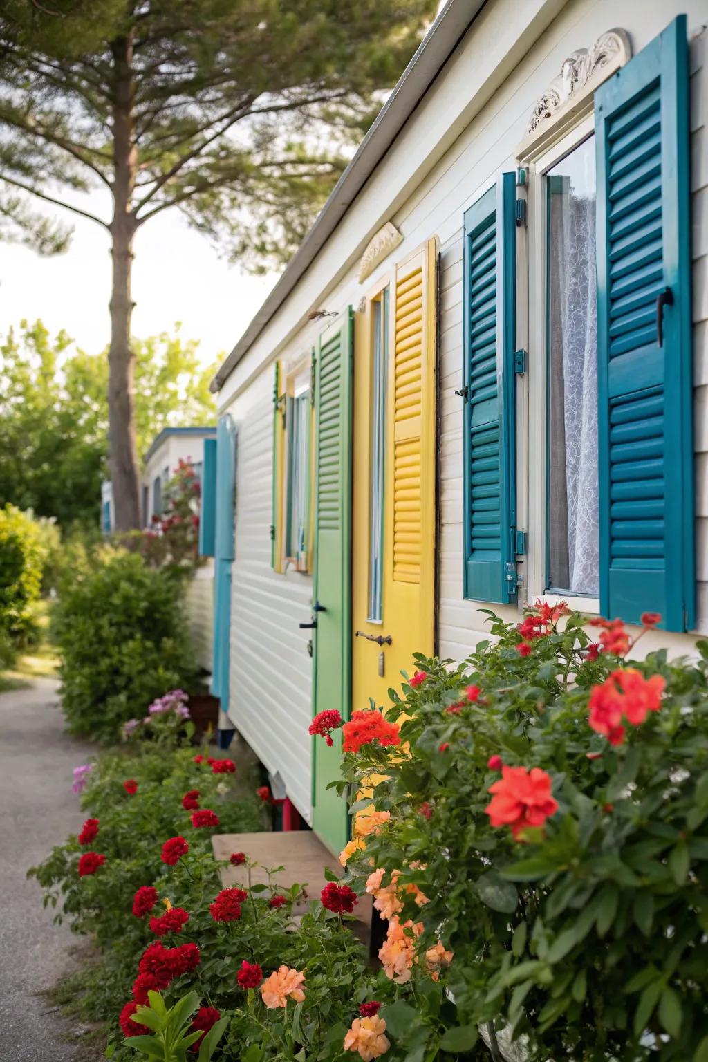 Vibrant shutters adding vibrancy to a mobile home's exterior.