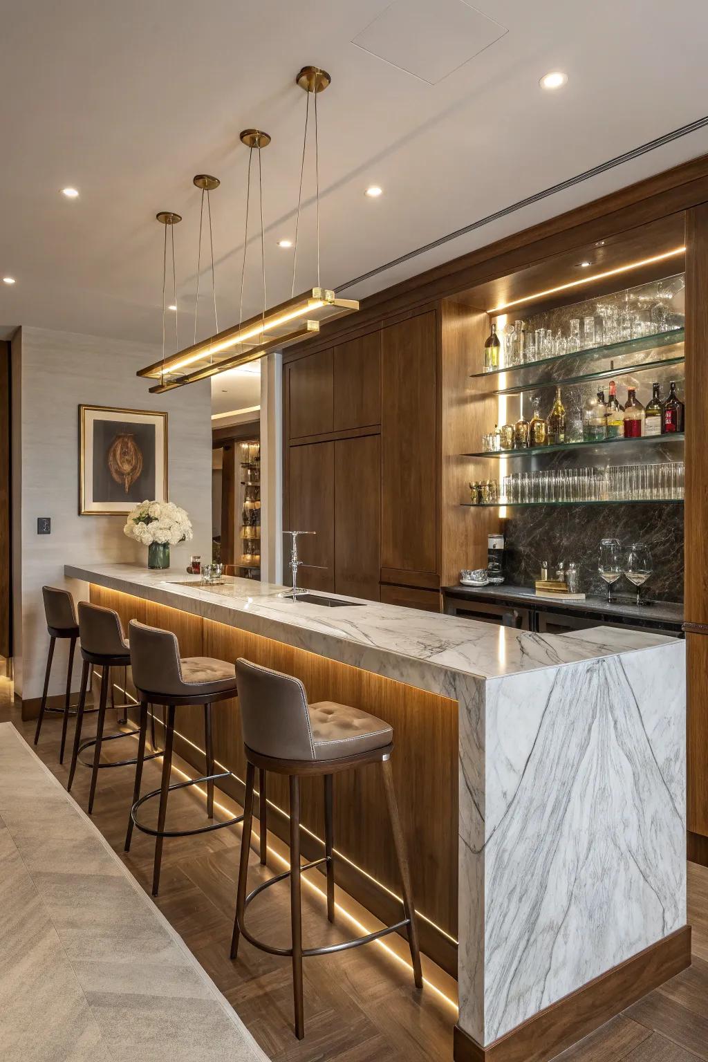 A luxurious home bar featuring superior materials.