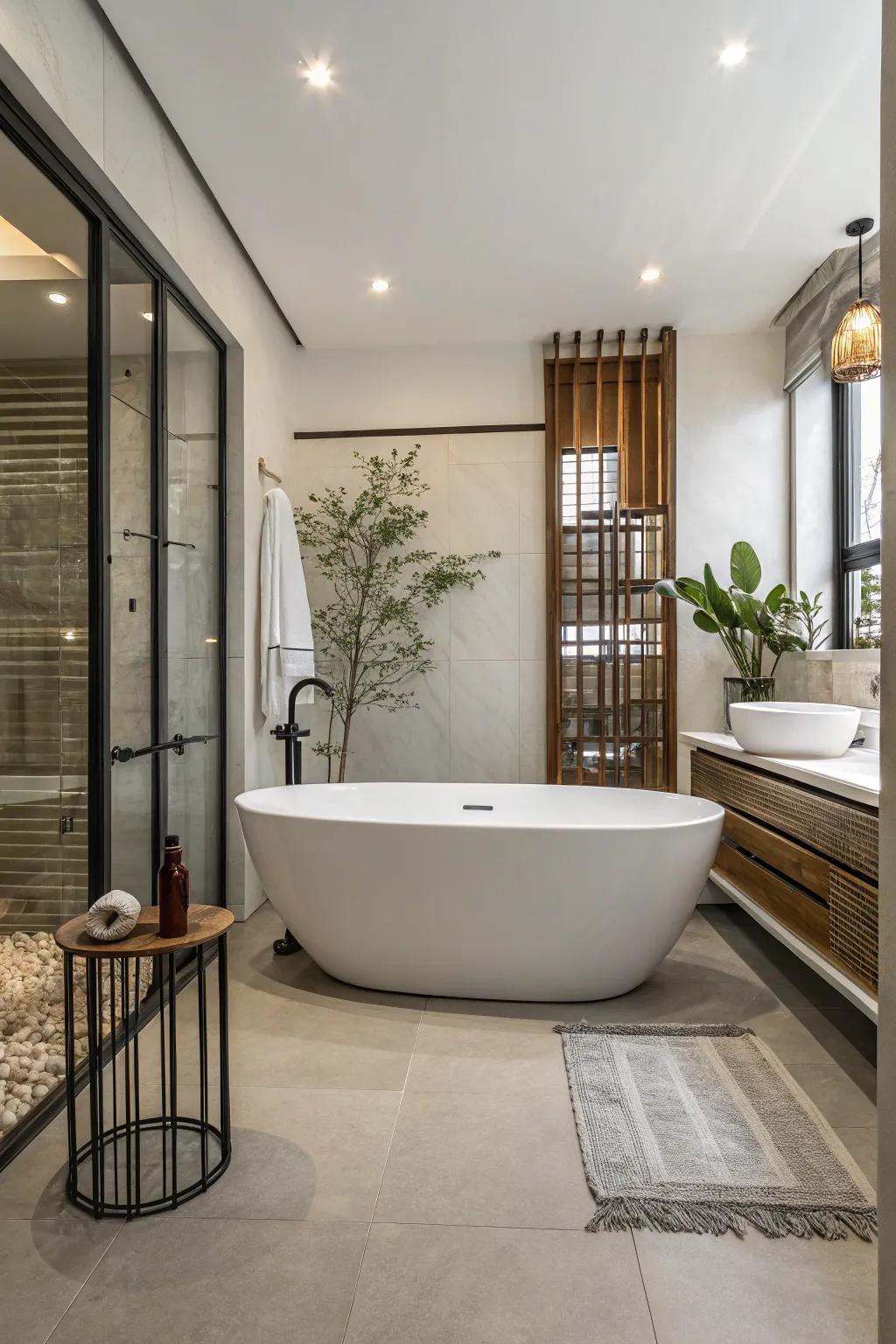 A detached soaking tub serves as the point of interest in this contemporary bathroom.