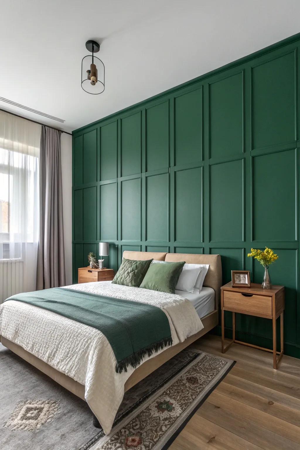 Bold color accent panels in deep green create a striking focal point.