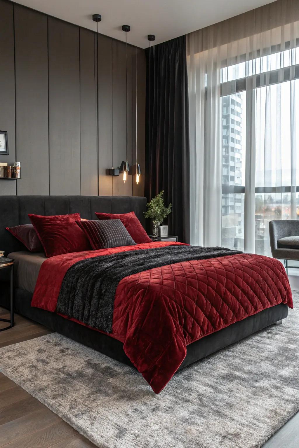 Velvet bedding enhances the luxurious aspect of the dark and scarlet scheme.