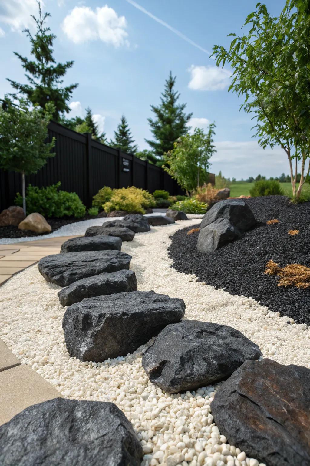Dark stones mixed with light gravel for a modern contrast.