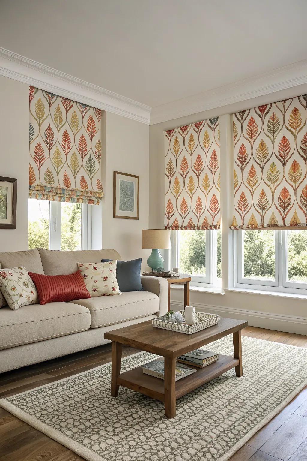 Patterned blinds add vibrancy to neutral spaces.