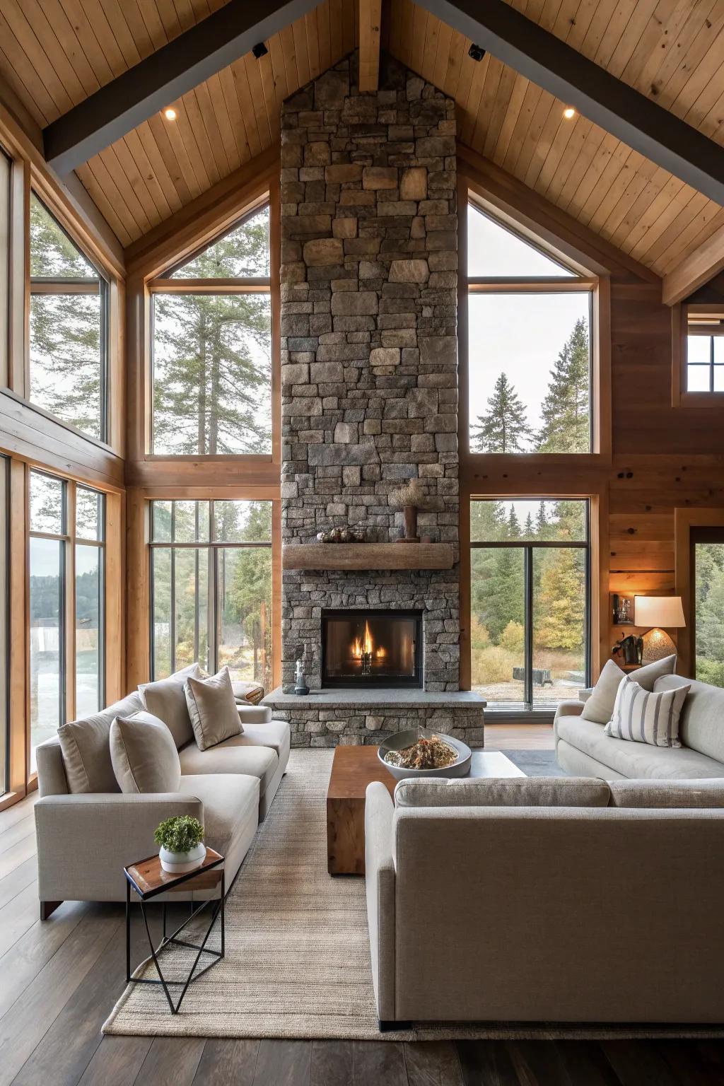 A rock fireplace effortlessly combines rustic warmth with modern elegance.