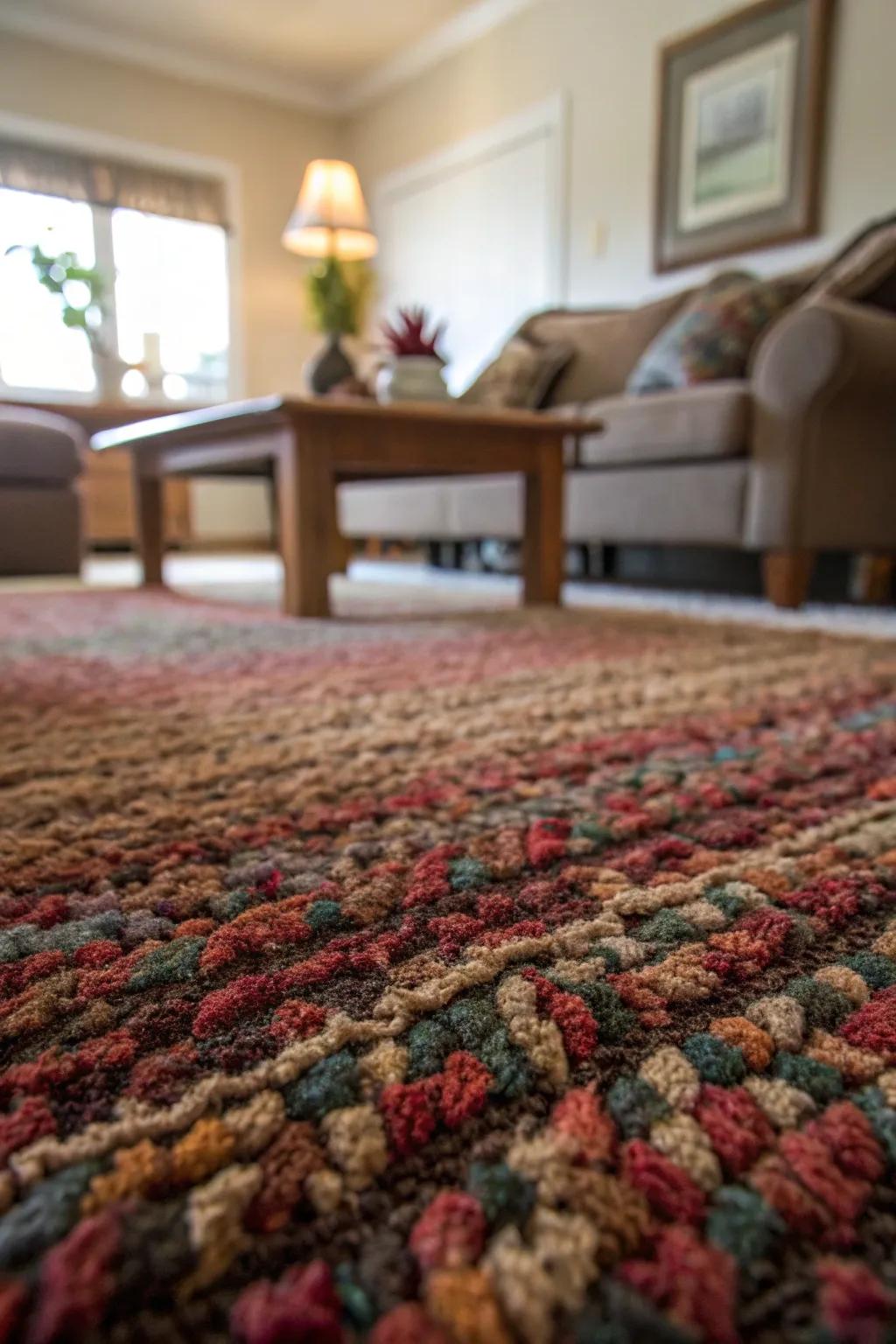 An intimate glimpse of a textured carpet infusing a comfortable living space with warmth.