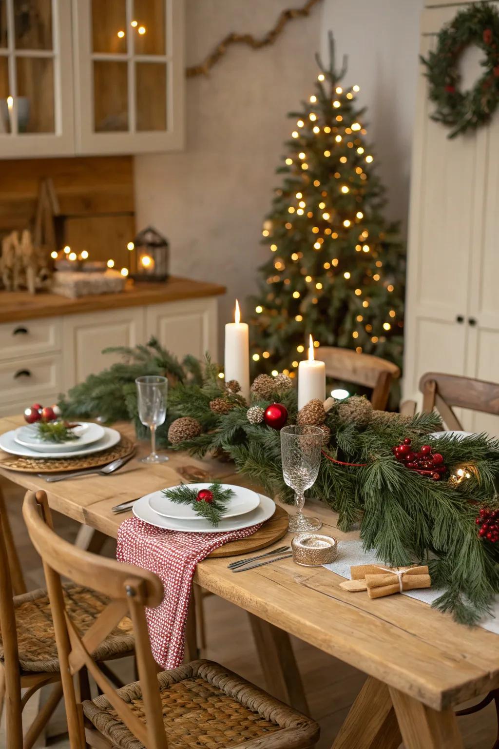 A Christmas table setting adorned with natural pine branches and garlands.