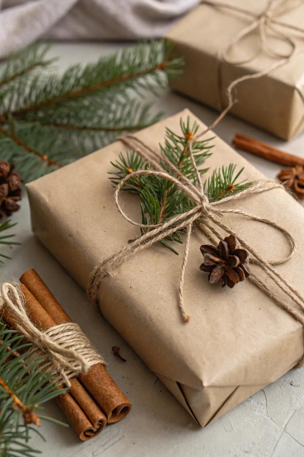A naturally-styled gift adorned with earthy accents, ideal for bringing warmth to your holiday presents.