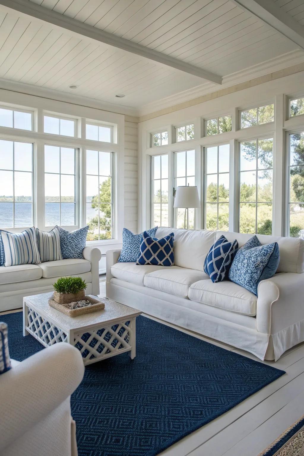 Ocean-inspired blues bring tranquility to the space.