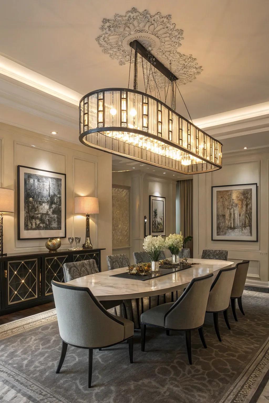Statement lighting elevates the overall dining experience.