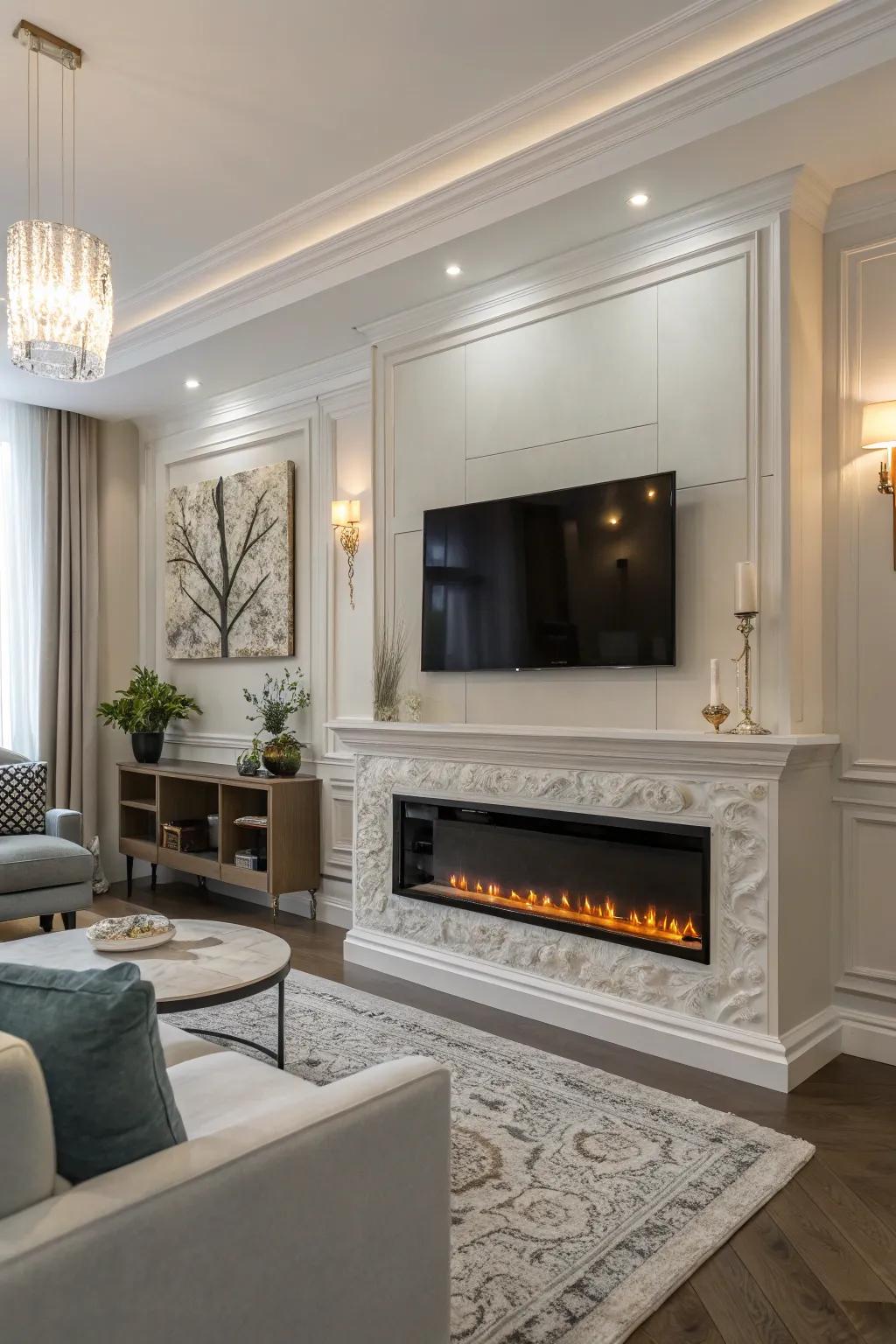 An electric fireplace elegantly integrated beneath a wall-mounted TV.