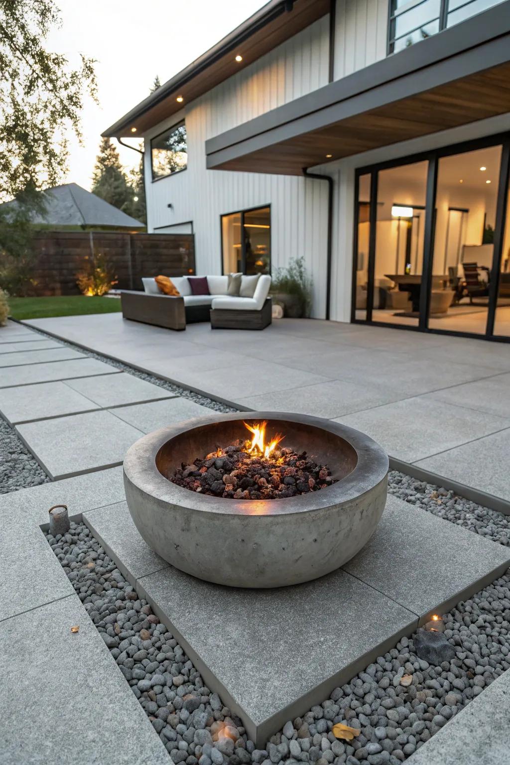 A modern patio featuring a central fire pit for cozy gatherings.