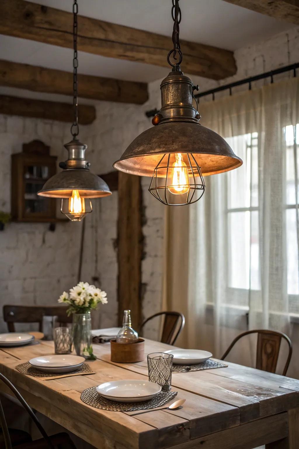 Factory-inspired lighting provides a modern touch to rustic environments.