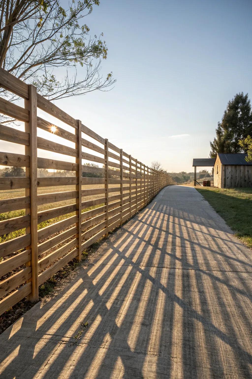 Modern horizontal slats craft an elegant and inviting modern farmhouse fence.