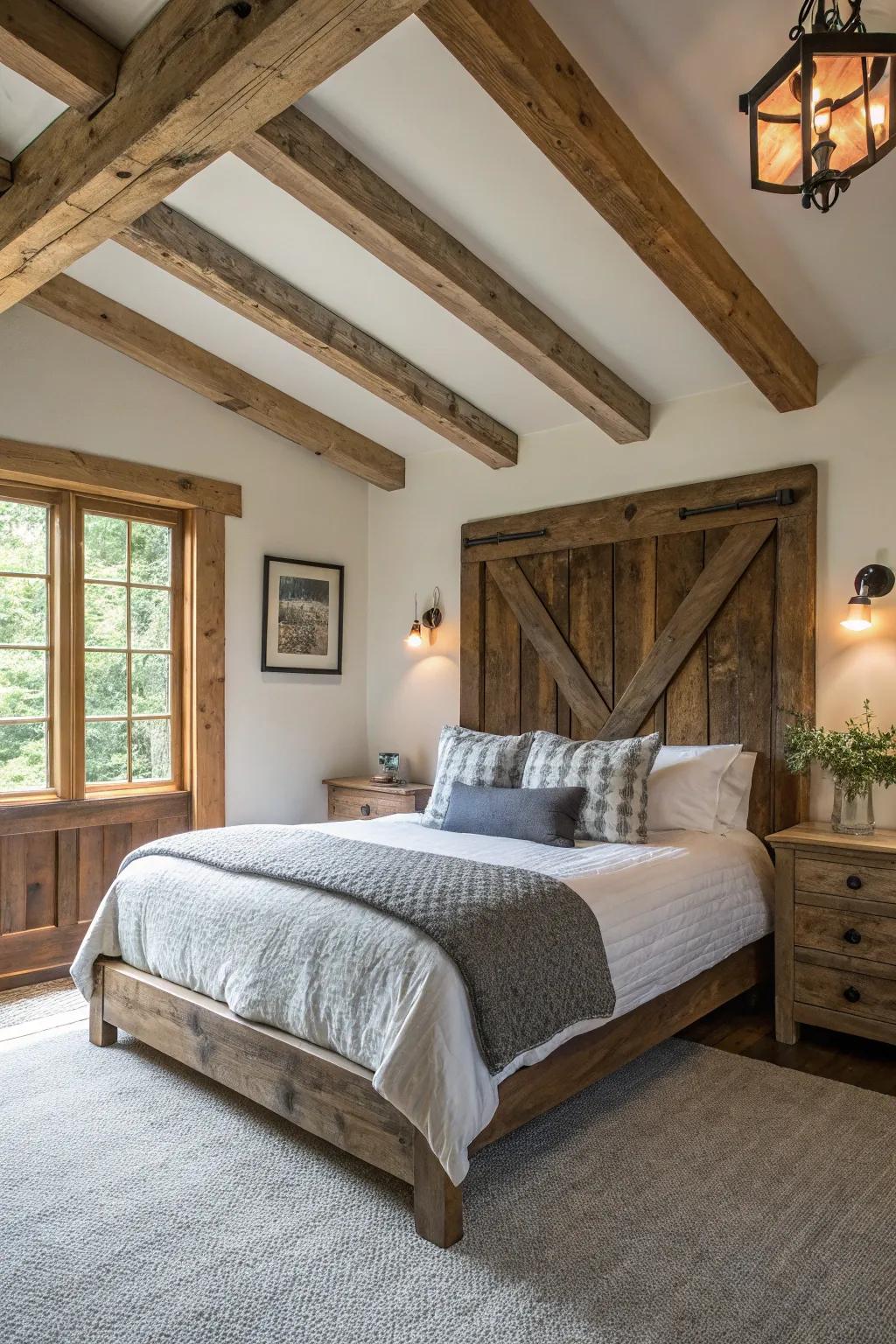 Raw wood accents enhance the country charm of this guest bedroom.