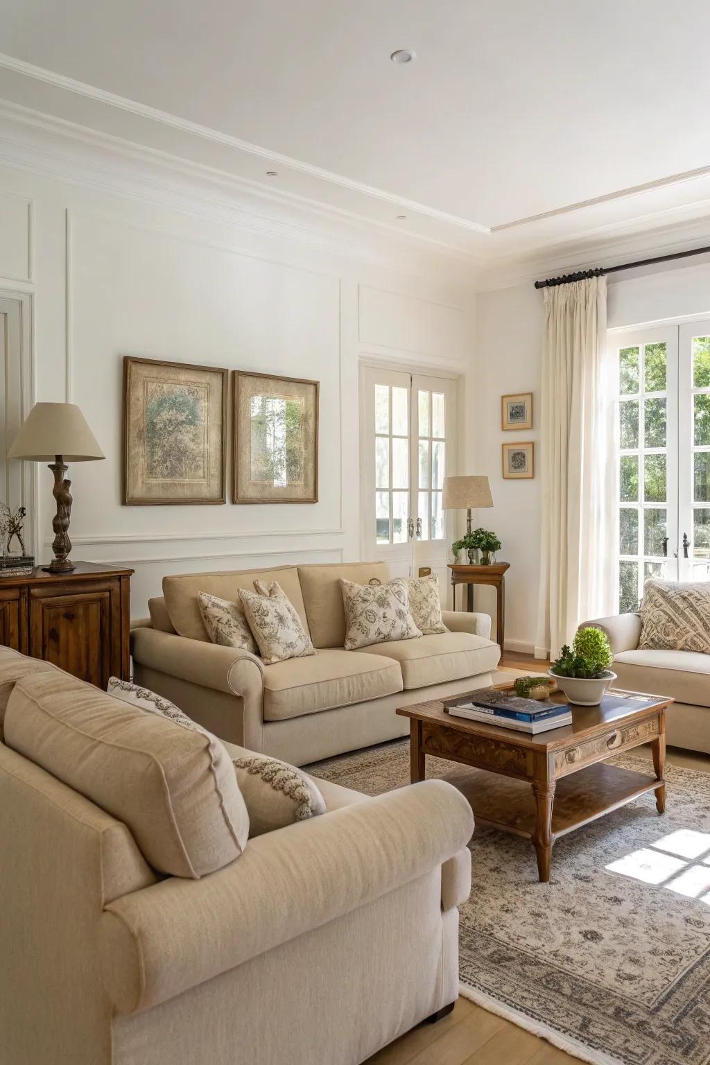 Neutral tones foster a tranquil and welcoming atmosphere in the modern farmhouse living room.