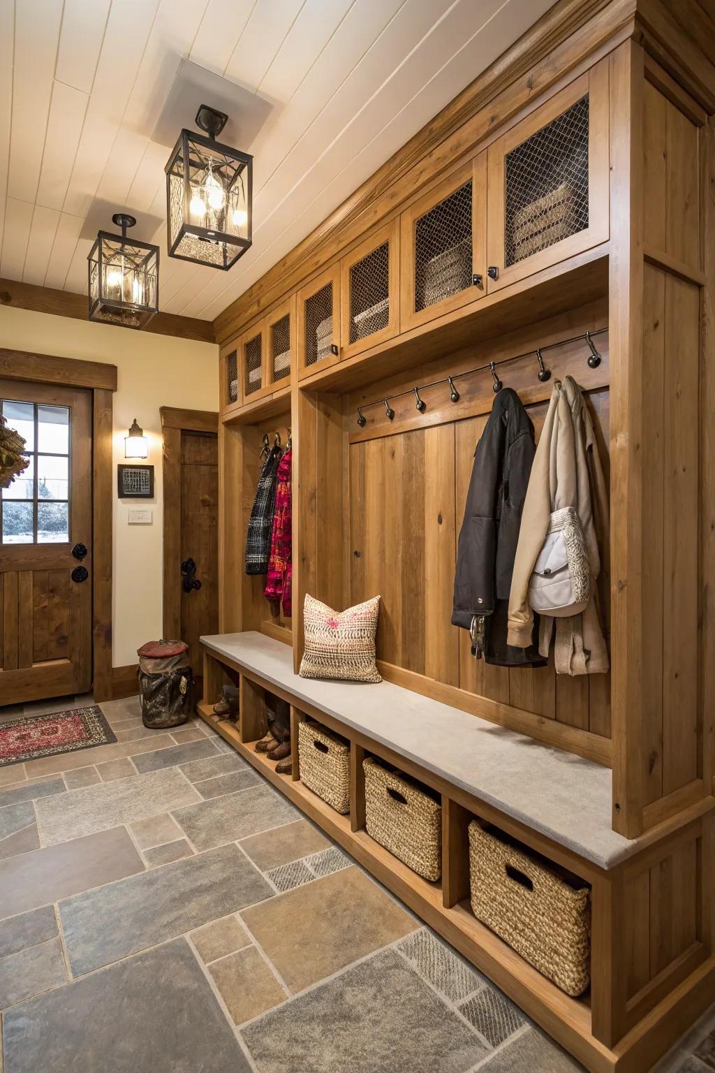 Functional mudroom featuring integrated seating and storage.