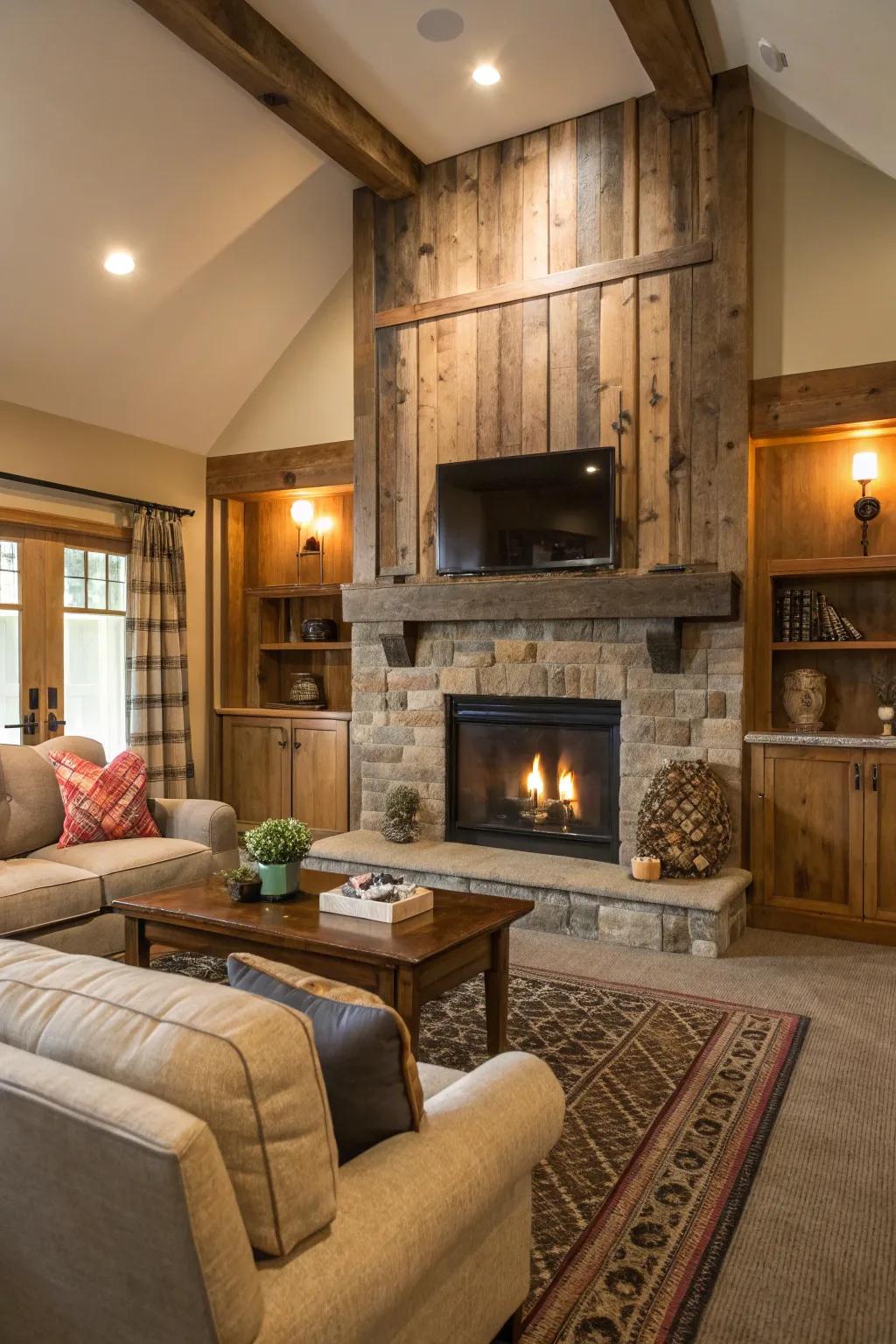 Upcycled wood panels provide a warm and rustic appeal.