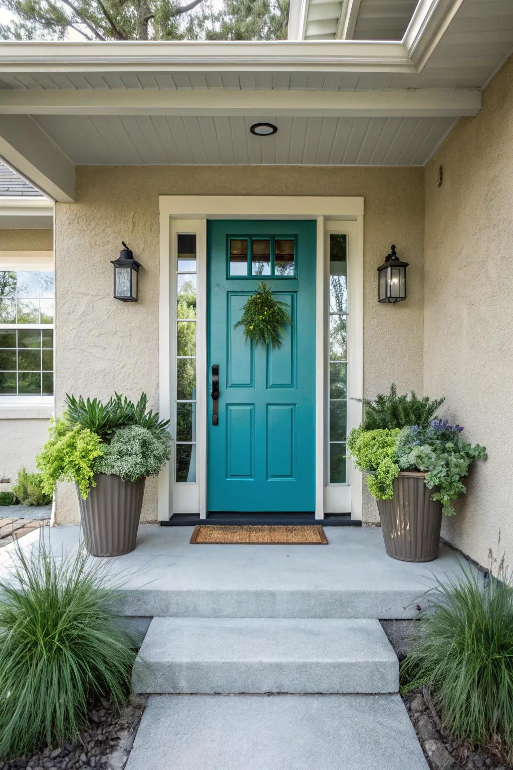 A vibrant entrance door adds a burst of color to a contemporary porch design.