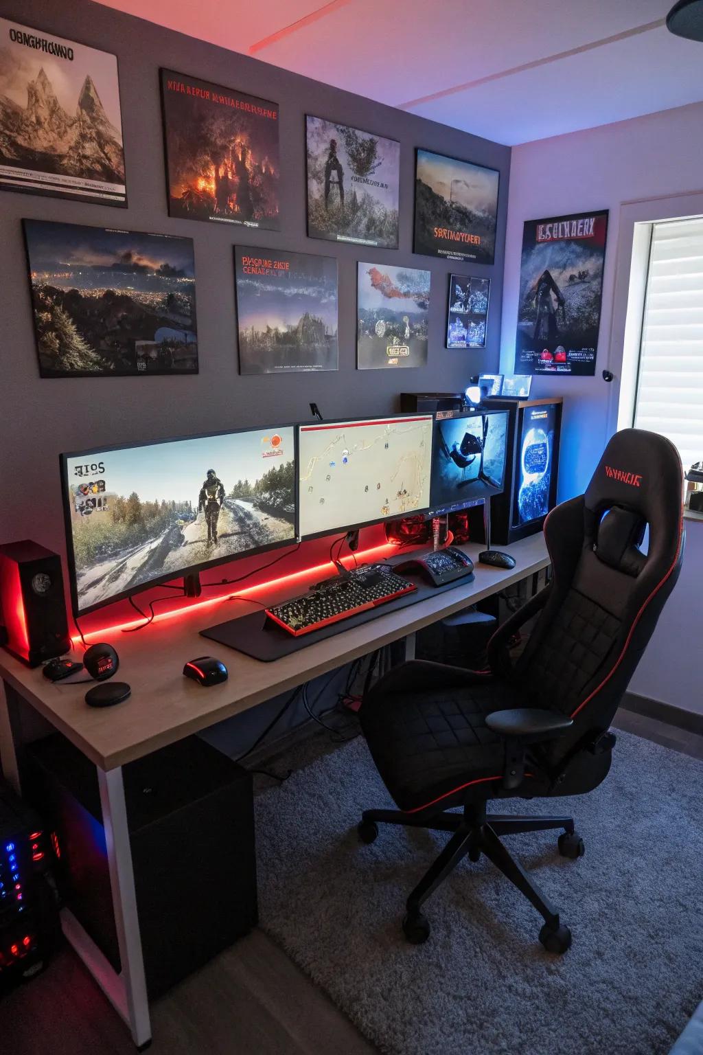 A gaming setup featuring multiple screens and an ergonomic workstation.