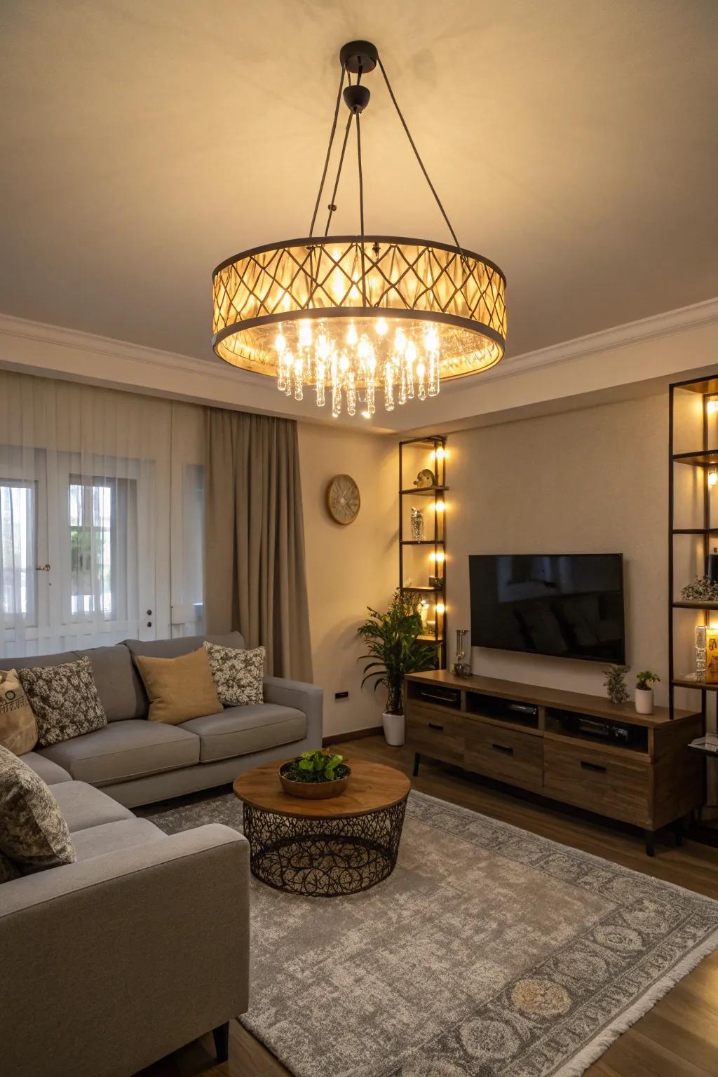 Warm lighting beautifully enhances the grey and beige palette.