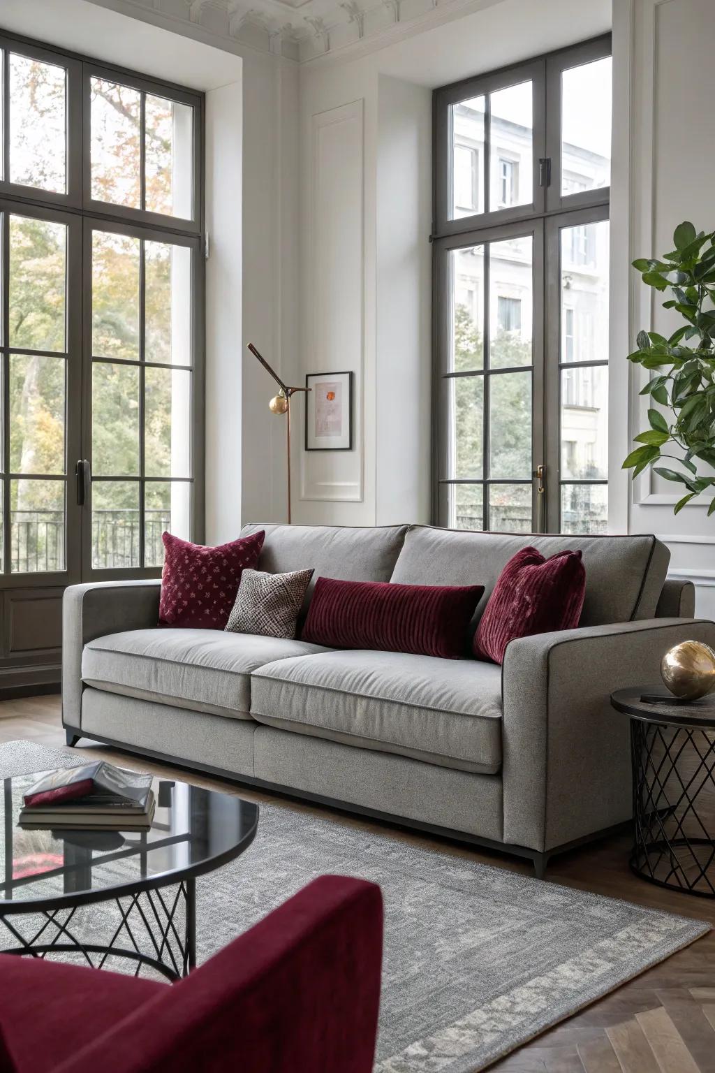 Up-to-date neutral divan enhanced with crimson fabrics in a stylish living area.