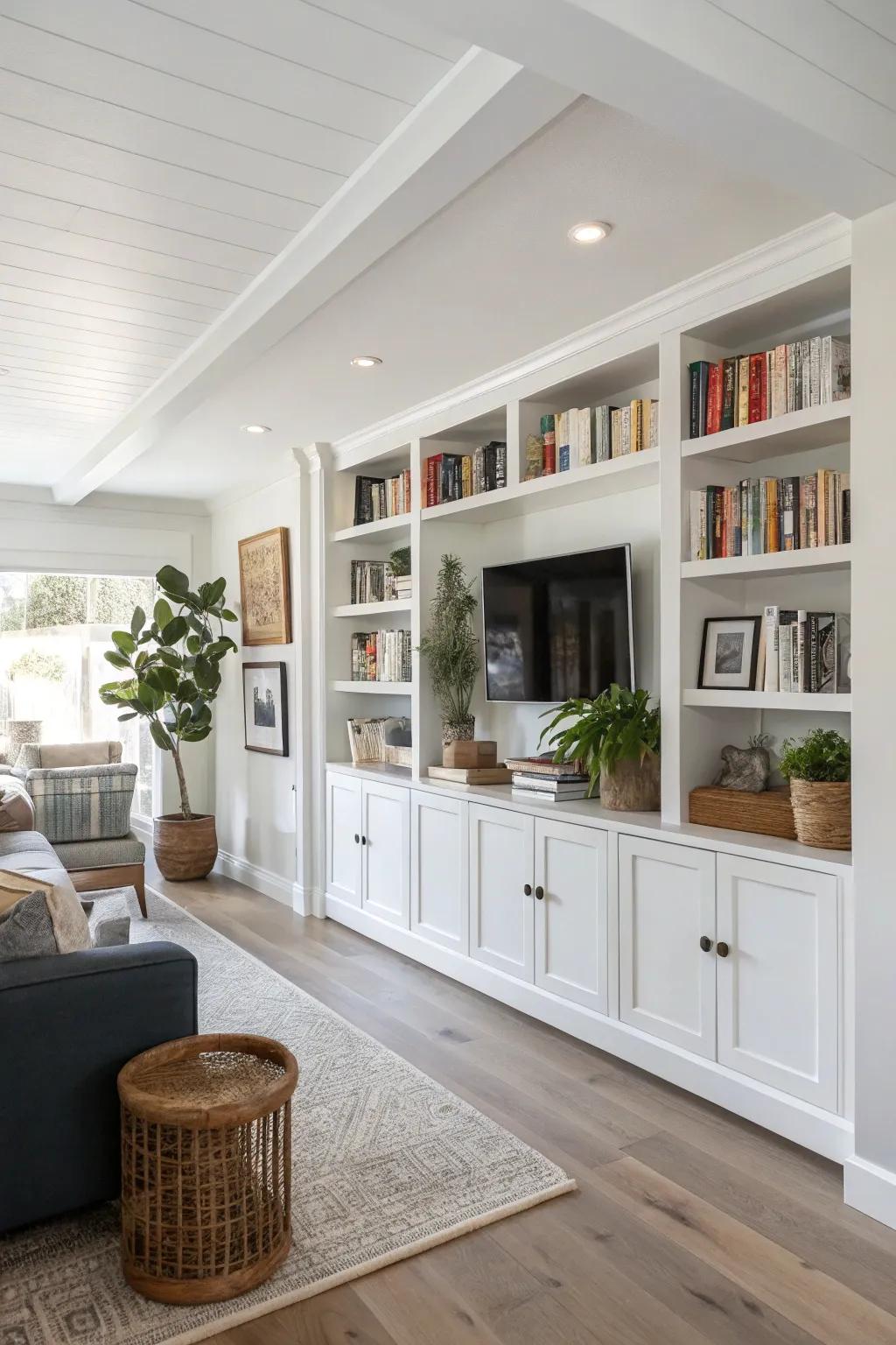 A half wall featuring integrated shelving provides chic and practical storage alternatives.