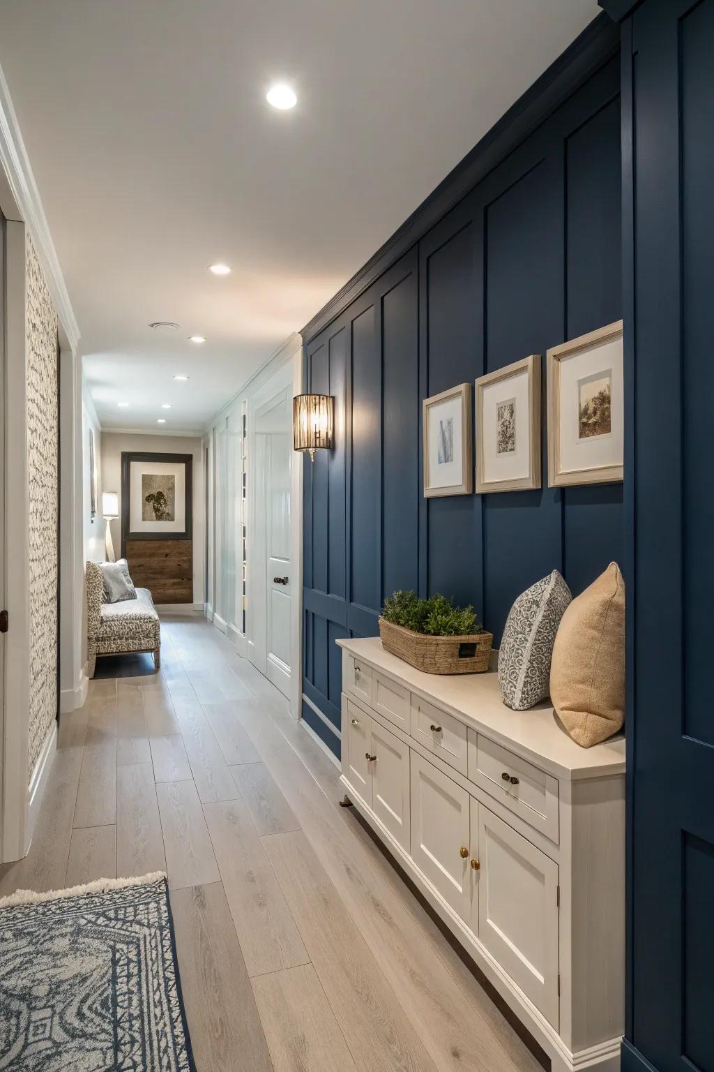 A bold navy accent wall adds depth and interest.