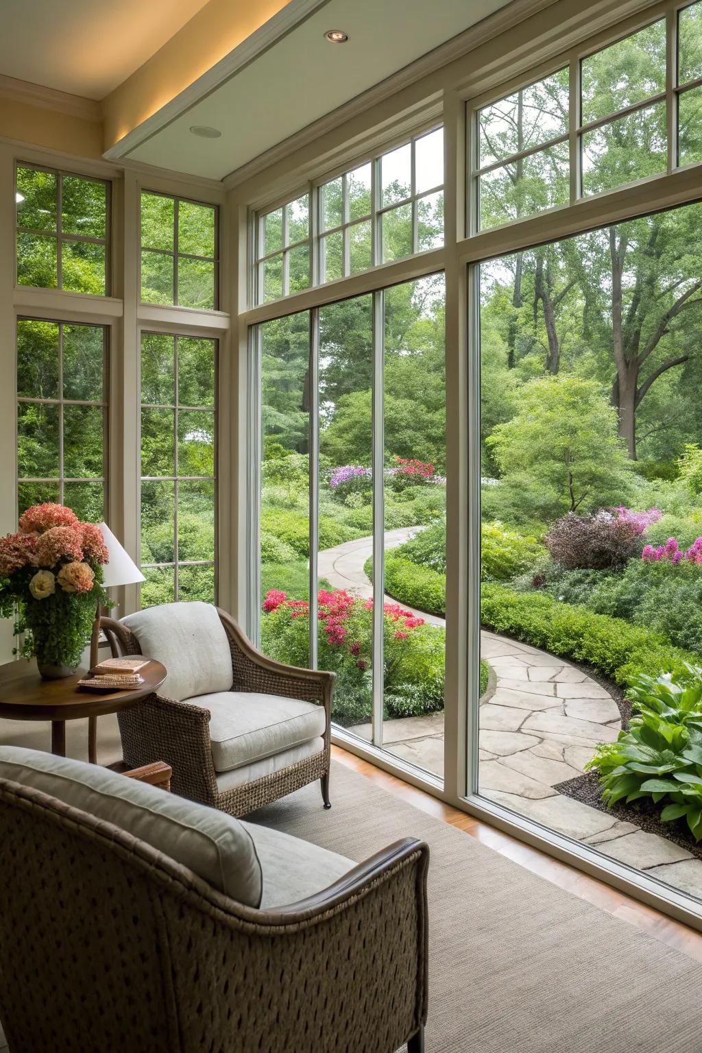 A radiant room featuring expansive windows that blur the division between interior and exterior.