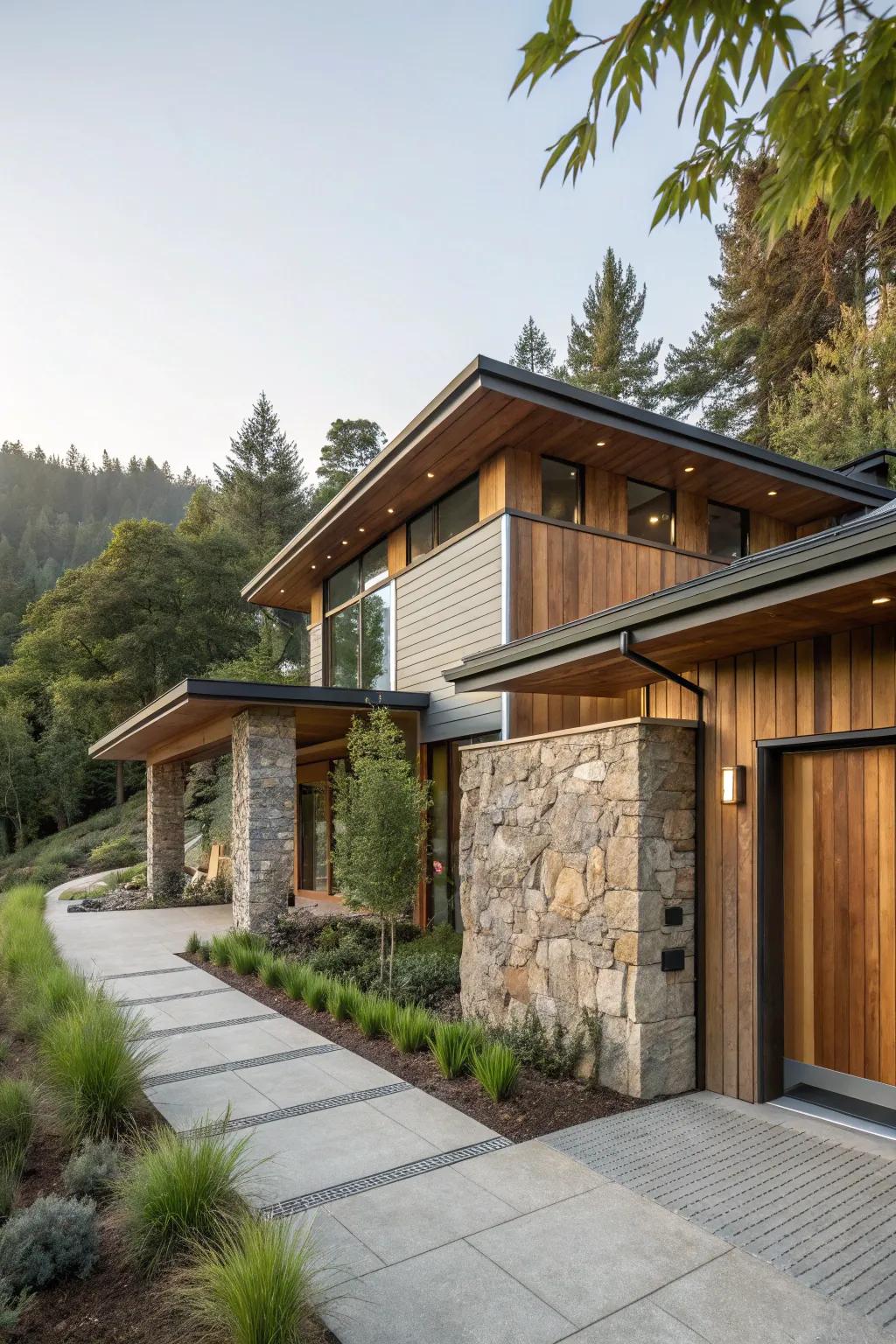 A modern house exterior exquisitely featuring natural materials.
