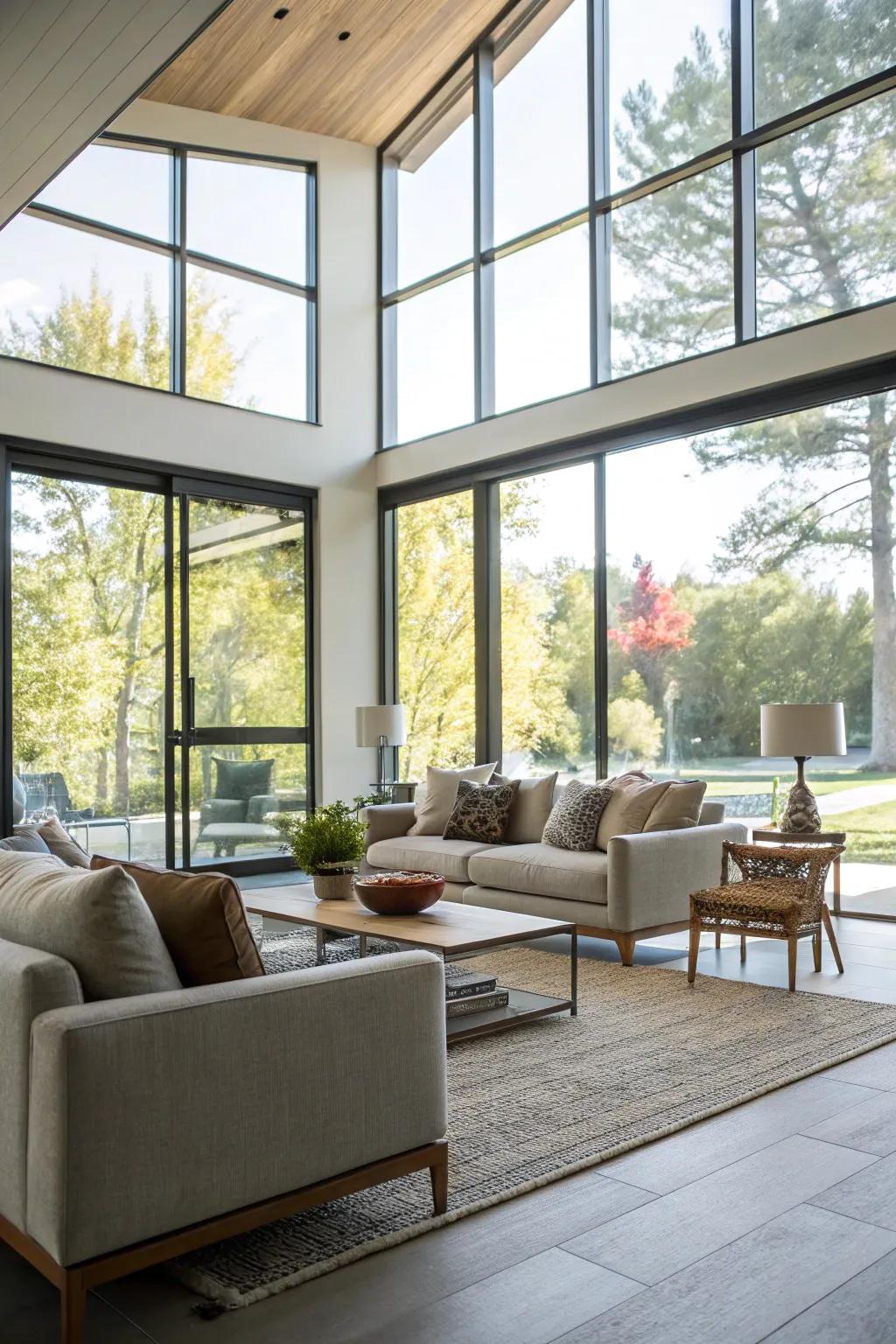 Large modern windows in a living room, allowing natural light to stream in.