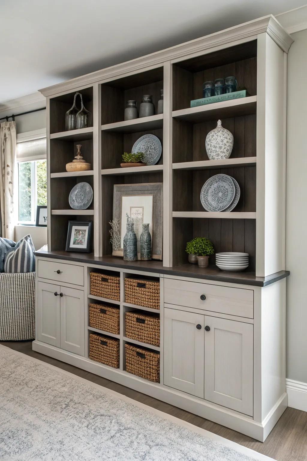An ideal mix of open and closed storage for a neat, structured aesthetic.