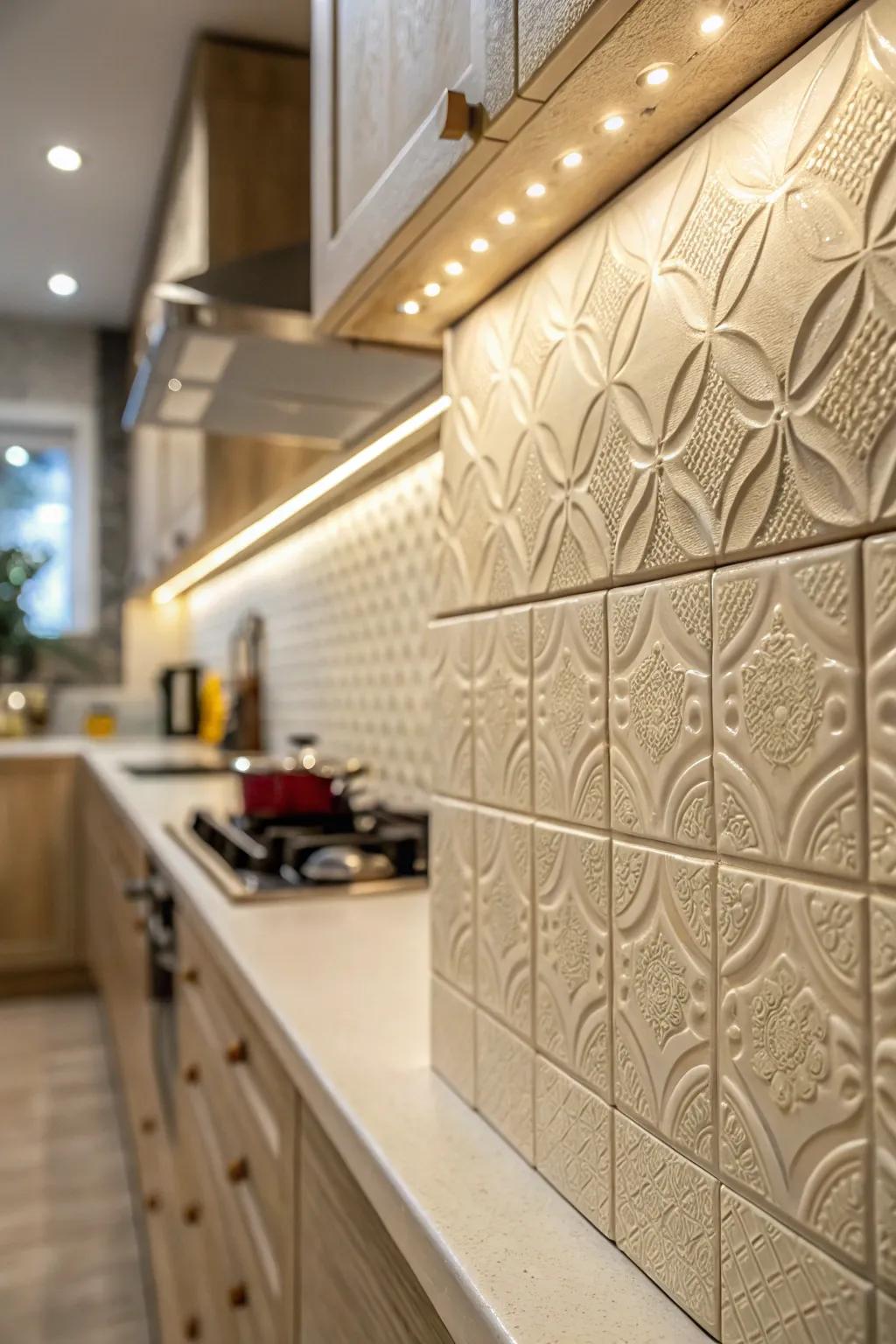 Textured tiles enrich your kitchen walls with depth and dimension.