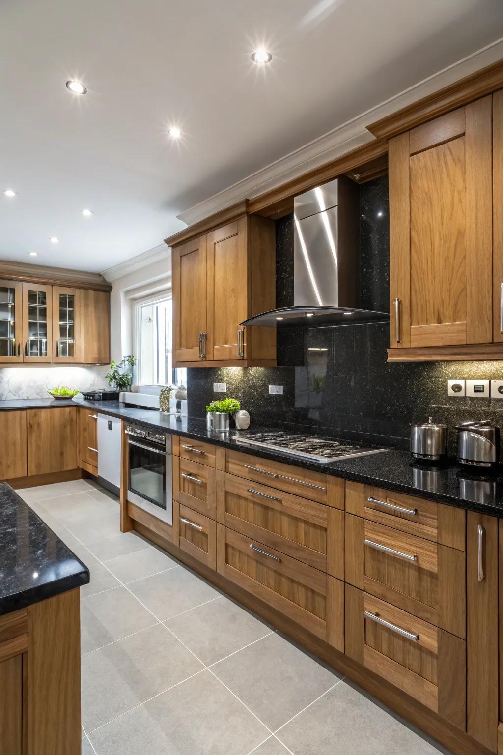 The cozy undertones of the cabinets are beautifully offset by dark countertops.