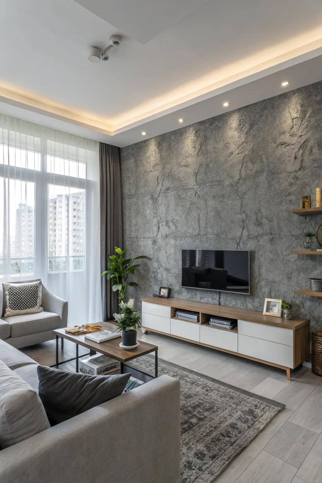 A flint textured wall infuses depth and refinement into this contemporary living space.