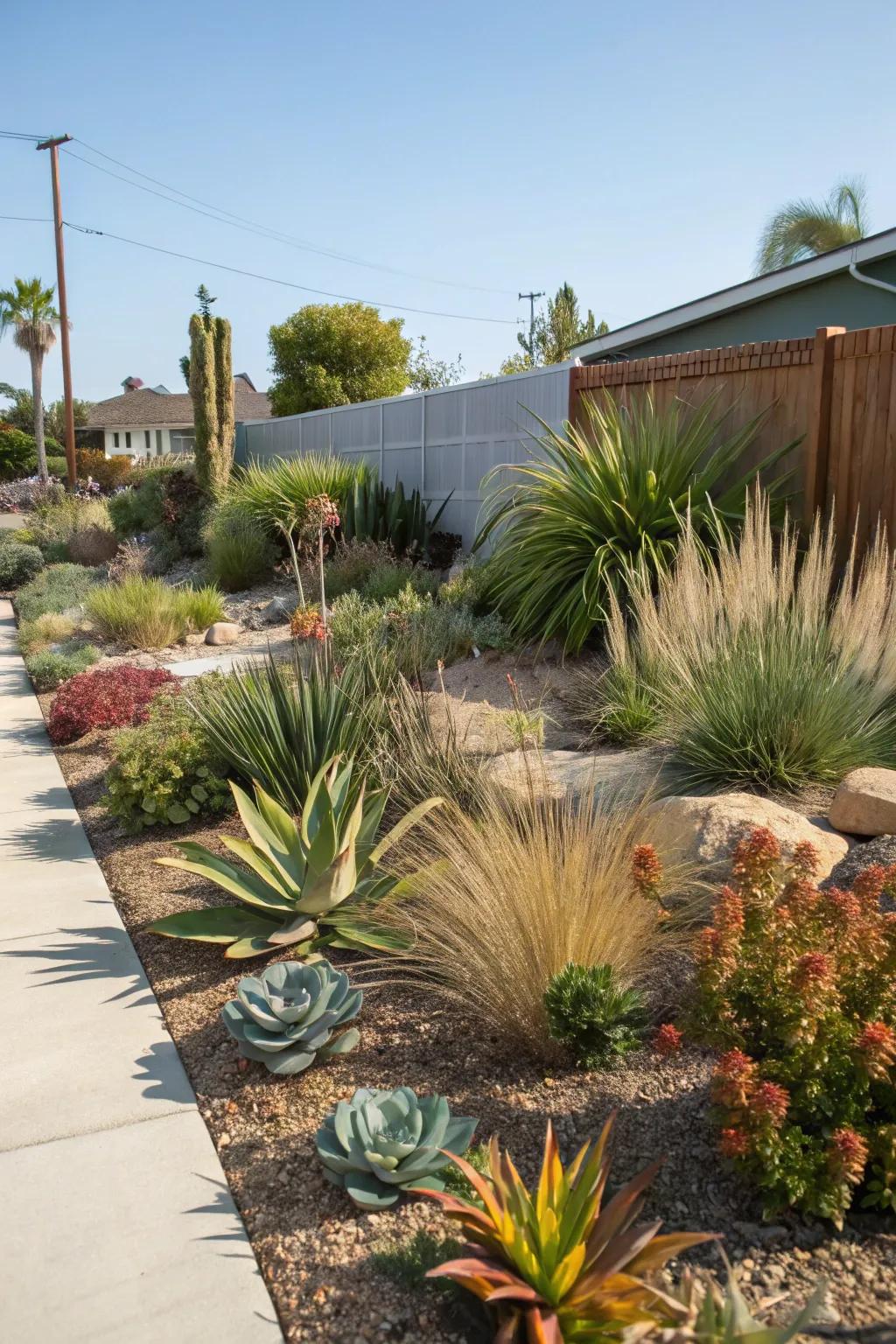 A front yard showcasing a diverse selection of drought-resistant flora, providing texture and requiring little care.