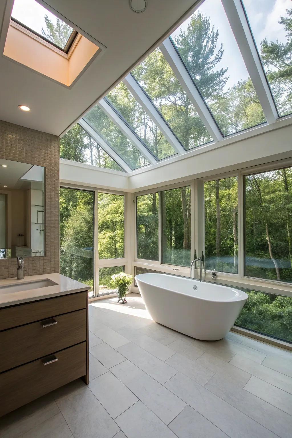 Sunlight floods into a modern master bathroom.